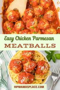 These homemade Chicken Parmesan Meatballs are light and flavorful with a fresh basil taste. The cheese in the middle is a fun surprise and gives these #meatballs their Parmesan name. An easy stuffed meatball recipe perfect for any season of the year! #chickenparmesanmeatballs #chickenrecipes #easyrecipes #dinnerideas #chickenmeatballs #cheesychickenmeatballs #dinner #maindishes #hipmamasplace