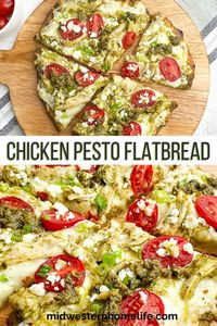 Chicken Pesto Flatbread pizza with naan, pesto, mozzarella cheese, chicken, tomatoes, feta cheese, and green onion is a fast and easy dinner or quick snack you can make in about 20 minutes.rn