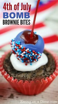 You have to make these 4th of July Brownies. These look like little firecracker bombs and they are one of my favorite patriotic desserts. These 4th of July Brown Bites are easy to make and delicious too. These red white and blue patriotic brownies are festive and fun! Everyone will love these Red White and Blue Brownie Bites. #eatingonadime #patrioticdesserts #browniebites #redwhiteandbluedesserts