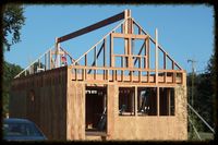 The Beekeeper's Bungalow ridge beam fully installed by just the two of us and viewed gratefully from the ground.