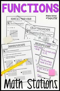 Check out these functions math stations for your 8th grade math classroom. Aligned to the common cores standards. Students will have fun learning about functions in these stations, which are so much more engaging than a worksheet. Perfect for the middle school math or Algebra classroom. Teachers and students love moving around the classroom. Click here for more information. #makesenseofmath #eighthgrademath