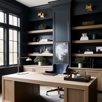 A moody home office interior using AI by Dear Alia. This office concept features dark blue painted walls and white oak millwork.