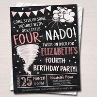 Four-nado Fourth Birthday Tornado Invitation Makes a great girl's birthday party storm theme!________________________________________________ FULL EDITING OPTIONS WITH TEMPLETT!TRY THE DEMOS NOW - Click hereYou are not able to edit this file on an iPad, iPhone, or anyother handheld device. This is a digital product only, no physical item will be shipped or mailed to you.TEMPLATE FORMATTED SIZES:5" x 7" (Invite)________________________________________________EDIT RIGHT IN YOUR BROWSER! Edit your