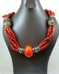 Red coral necklace with orange resin pendant From Marrakech in Morocco