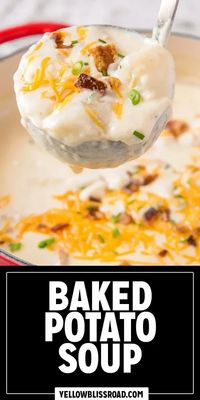 Baked Potato Soup is creamy, comforting, and ready in under 45 minutes! This cozy soup has all your favorite baked potato toppings like sharp cheddar cheese, crispy bacon, chives, and sour cream.