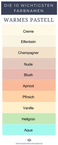 Warme Pastellfarben sind Creme, Elfenbein, Champagner, Nude, Blush, Apricot, Pfirsich, Vanille, Hellgrün und Aqua.