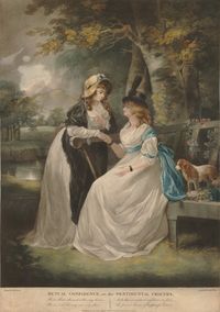 Two young women in a park; one sitting on a bench on the right with a puppy and bunch of flowers beside her, while the other stands leaning over the back of the seat, taking her hand; after Morland. 1797 Colour mezzotint.