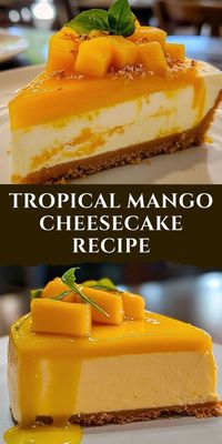 Delicious and creamy tropical mango cheesecake recipe perfect for summer desserts. This easy no-bake dessert is bursting with fresh mango flavor and will be a hit at your next gathering. #mangorecipe #cheesecakerecipe #tropicaldessert #summerdessert #nobakedessert