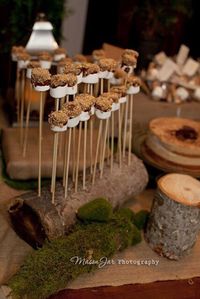 Love these marshmallows on a stick. Drill holes into the log to create a stand for them.