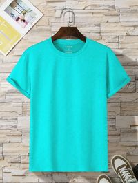 Men Solid Round Neck Tee Mint Blue Casual  Short Sleeve Fabric Plain  Medium Stretch Summer Men Clothing, size features are:Bust: ,Length: ,Sleeve Length: