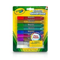 Add the perfect sparkle to any arts and crafts project or gift package with Crayola Glitter Glue. Washable glue can be washed from skin and most children's clothing. The Set of 9 Bold includes red, green, silver, gold, blue, dark green, natural, purple, multicolor. Recommended for ages 4+. Size: 0.35 fl oz.