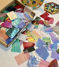 Lanyani Iridescent Stained Glass Pieces for Crafts and Decoration,Variety Irregular Broken Stained Glass Mosaic Tile Scraps,1Kg/35oz Pack