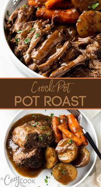 This Slow Cooker Pot Roast Recipe includes Potatoes, Carrots, and plenty of flavorful gravy! This is an easy family dinner idea that you'll make again and again!