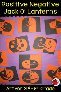 Positive negative Jack o' Lanterns make for the perfect Halloween art project. They can be as detailed as you want. Your 3rd grade, 4th grade, and 5th grade students will have fun designing their own Jack o' Lantern. Free instructions on how to create this Halloween art. Easy to find supplies and low prep art for your elementary classroom. These Jack o' Lantern pumpkins help create a show stopping Halloween bulletin board. Add to your October art plans.  #halloweenart #halloween #elementaryart