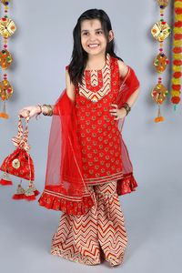 Buy Kids Lane Red Cotton Kurta Sharara Set For Girls Online | Aza Fashions