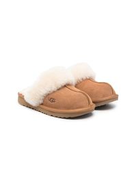 light brown/cream white calf leather embossed logo to the side round toe slip-on style branded insole shearling lining flat rubber sole