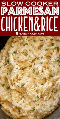 Slow Cooker Parmesan Chicken & Rice - a quick and easy weeknight recipe! Just dump everything in the slow cooker and dinner is done! Only 5 ingredients - chicken, Lipton's Garlic Soup mix, cream of chicken soup, milk and rice.Can add some mixed veggies too! Everyone cleaned their plate! Leftovers taste great too! YUM! #slowcooker #crockpot #chickenandrice #chicken #kidfriendly