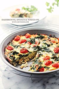 Hashbrowns Spinach and Tomato Pie- A great addition to your Easter brunch menu, this pie is made with a pre-shredded potato crust, fresh spinach, tomatoes, and eggs. (16 Must-Have Recipes for Easter Brunch)