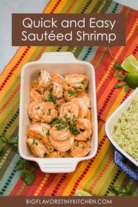 This easy sautéed shrimp recipe is a dinnertime staple! Ready in just 10 minutes, it makes for a great meal for busy weeknights using pantry staples. Flavorful enough on its own and easy to add to your favorite salads, sides, and bowls without overpowering the other ingredients.