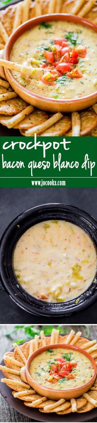 Crockpot Queso Blanco Dip - super cheesy queso blanco dip with my favorite ingredient; bacon! Perfect snack or appetizer for the holidays. #queso #dip #appetizer