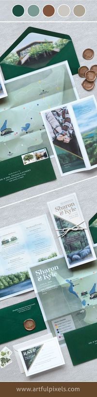 This unique wedding invitation suite is styled with a regional park brochure theme, and features a fold-out trail map, wedding weekend event details, RSVP card, wax seals, and vintage postage. #custominvitationdesign #uniqueweddinginvites #invitationdesign #outdoorwedding #stateparkwedding #nationalparkwedding #rusticweddinginvitations