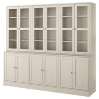 HAVSTA storage combination w/glass doors, gray-beige, 95 5/8x18 1/2x83 1/2 ". Carefully designed details in solid pine with a brushed surface adds a rustic feel and charm to your home. Display your favorite items dust free behind glass doors – and keep the rest behind closed doors. Top panel/ Side panel/ Bottom panel/ Door frame/ Back rail: Solid pine.