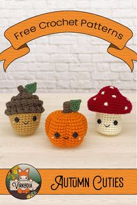 FREE Autumn Cuties crochet patterns available NOW! |🎃 Pumpkin Cutie 🎃| |🍄 Mushroom Cutie 🍄| |🌰 Acorn Cutie 🌰| The air turns crisp with the fragrance of fallen foliage as the distant hills fade from gold to rust. While the hearty harvest soups simmer on the stove, how better to pass the time than with these free amigurumi patterns!