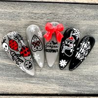 Dawn Witch Designs Unique, re-usable, hand painted, and made in Canada. These luxury press on nails are handmade using high quality gel polish and salon-grade materials.  ✨ SEASON CREEPINGS✨  Elevate your holiday style with a touch of dark elegance. This spooky holiday set is features a moody palette of black, white, grey, and red. Adorned with intricately painted ghosts, snowflakes, creepy ornaments, and a 3D bow accent, these nails are perfect for the festive goth.  *The shape shown in the pic