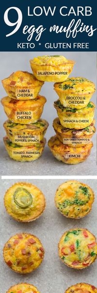 9 Low Carb & Keto Breakfast Egg Muffin Cups - the perfect easy make ahead breakfast for on the go. Best of all, packed with protein & convenient for busy mornings, weekend or Easter holiday brunch! Delicious & simple to customize - mix & match with any leftover vegetables or meat from your fridge. Broccoli & Cheddar Cheese, Buffalo Chicken, Ham & Cheddar Cheese, Jalapeno Popper, Kimchi, Mushroom, Pepper and Spinach, Sun-Dried Tomato & Spinach, Tomato, Spinach (or Kale) Basil and Parmesan