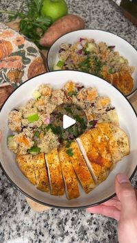 Ally Rolla on Instagram: "Autumn harvest quinoa salad with an apple cider vinaigrette 🍂🍠🍏🍯 paired with some simple baked chicken! The perfect fall inspired dinner when it’s still too warm for soup ✨ 

INGREDIENTS
For the chicken:
- 2 chicken breasts (sliced in half lengthwise)
- olive oil
- garlic salt
- onion powder
- paprika
- italian seasoning

For the quinoa salad:
- 2 sweet potatoes (peeled & diced)
- salt & pepper
- 1/2 red onion (diced)
- 1 green apple (diced)
- 1/2 cup dried cranberries
- 1/2 cup chopped pecans
- 1 cup quinoa (yields approx 3 cups cooked)

For the vinaigrette:
- 1/2 cup olive oil
- 1/4 cup apple cider vinegar
- honey (to desired sweetness)
- 1 to 2 tablespoons spicy brown mustard
- garlic

Instructions:
- preheat oven to 375°
- cook 1 cup quinoa according to pa