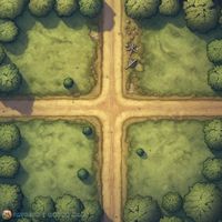 "Two roads cross in an open field, edged by a treeline. This was once a farm plot, but it's been fallow for some time and trees have begun to spring up. Which way will your party go? 30 days of maps: Day 9"