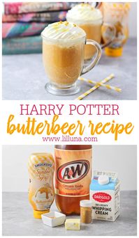 Butterbeer is a rich, delicious chilled drink with butterscotch flavoring. It is alcohol-free, and perfect for sharing on any occasion! #butterbeer #harrypotter #drink #alcoholfree #drinkrecipes