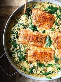 One skillet salmon with lemon orzo. A one-pan wonder that's quick, easy and bursting with flavors. With just a few steps, ready in 30 minutes