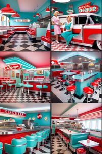 vintage style American diner images fast food at its most stylish lovely colourful images including waitress' in suitable attire images made for you with love and care