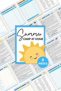 No plans for summer? No problem! This Summer Camp at Home printable planner provides you with an easy-to-follow plan for 8 weeks of summer! This 28-page planner includes themed coloring pages for each week, 8 summer planner pages, and Boredom Busters - 90 ideas for summer activities. No need to be an artist or a chef - the craft & snack ideas are SUPER SIMPLE!!! | summer camp at home, DIY summer camp, summer camp activities, summer camp ideas, summer planner