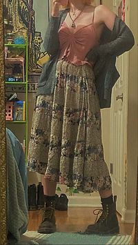 cottagecore fairy outfit - Pink Ruffle Top - Long Floral Skirt - Big Grey Cardigan - Brown Boots