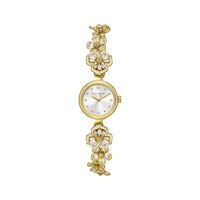 A pretty floral bracelet or timepiece? The Monroe women’s quartz watch from Kate Spade New York is both. 20mm gold-tone stainless steel case White mother-of-pearl dial, gold-tone hands and markers, crystal dial details, smooth bezel, and mineral crystal Baguette-cut and round crystals adorn the ornate flower link bracelet Gold-tone stainless steel bracelet; fold-over clasp Water-resistant to 30 meters