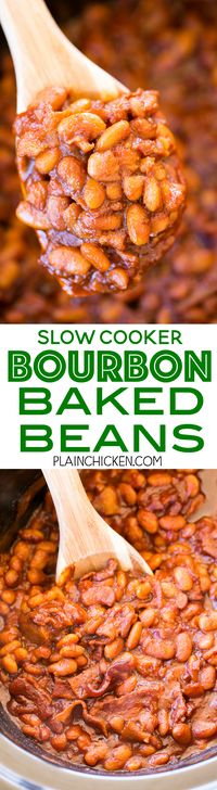 Slow Cooker Bourbon Baked Beans - seriously delicious! We love these easy baked beans! Great for potlucks and cookouts. Just dump everything in the slow cooker and let it work its magic! Northern beans, bourbon, tomato paste, molasses, mustard, Worcestershire, onion, garlic, bacon. Everyone RAVED about these beans and asked for the recipe. You can't go wrong with this easy slow cooker side dish recipe.