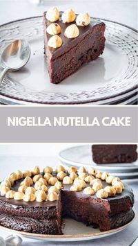 Nigella Nutella Cake is made with eggs, butter, Nutella, hazelnuts, and dark chocolate it takes 40 minutes to bake and serves 8.