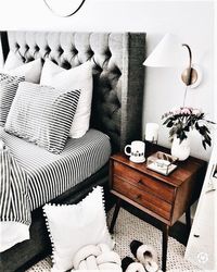 LOVE THE BLACK. & WHITE STRIPED BEDDING, IT LOOKS STUNNING, AGAINST THE PADDED GREY HEADBOARD & IS AN AWESOME CONTRAST TO THE TIMBER SIDE TABLE ? (diy decorations for home bedrooms)