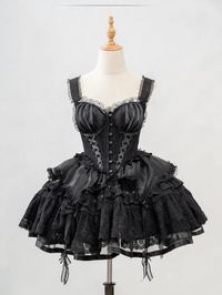 Black Gothic Corset Dress Tiered Ruffles Hem Lolita Jumper Skirt