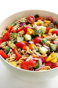 Cold Italian Pasta Salad (Gluten-Free, Vegan, Allergy-Free) | Strength and Sunshine | A Classic Italian Pasta Salad that's gluten-free, vegan, and allergy-free! The cold pasta salad you love, with tri-colored pasta, fresh veggies, and a healthy homemade Italian dressing! A super easy and quick meat-free vegetarian and dairy-free recipe that's a perfect side dish to feed any crowd! #pastasalad #coldpastasalad #summerrecipes #sidedish #glutenfreepasta #italianrecipe #veganpasta