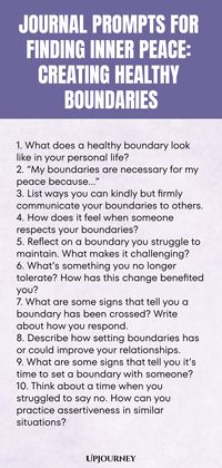 Explore these insightful journal prompts designed to help you find inner peace by establishing healthy boundaries in your life. Journaling can be a powerful tool for self-reflection and personal growth. Use these prompts to dive deep into your thoughts and emotions, gaining clarity and understanding along the way. Setting boundaries is essential for maintaining your well-being and preserving your peace of mind. Take time for yourself, reflect on these prompts, and embark on a journey towards cul