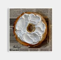 "\"Cream Cheese Bagel\" Impasto painting Original acrylic painting Newspaper art Breakfast painting Bread painting This painting made to order (1 week) Great for breakfast and as a wall decor aswell :D DETAILS about artwork: * Name: Cream Cheese Bagel *Painter: Julia Stankevych * Size: 8 x 8\" (20 x 20 cm) * Original handmade acrylic painting * Style: Realism, Art Deco * Materials: panel, newspaper, gesso, modeling paste * Signed by artist * NO FRAME On request I can paint this subject in other