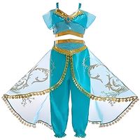 Arabian Princess Costume With Headband Accessories - Halloween Cosplay Outfit For A Magical Adventure. Cotton,Satin Drawstring Closure Hand Wash Only Two-Piece Jasmine Fancy Outfit , Top And Pants Are Included. Made Of Cotton And Satin With Sequin Details, No Itchy. The Top And Pant Have Elastic Band To Ensure For The Perfect Fit. Great For Halloween,Special Occasions And Dress Up,Its A Perfect Cosplay Costume Dress For Christmas Gift Care Instructions: Hand Wash; Hang To Dry Sizes : 100, 110,12