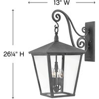 OUTDOOR TRELLISExtra Large Wall Mount LanternTrellisOUTDOOROUTDOOROutdoor - Wall MountHeight (in): 26.25Length (in): 19Width (in): 13.0Extends (in): 19Depth (in): 0.0Weight (lbs): 14.0Heavy Fixture: NoCarton_Height (in): 29.0Carton_Length (in): 15.5Carton_Width (in): 21.0Carton_Cubic_feet: 5.46Boxed Weight (lbs): 18.0Dim/Tare Weight (lbs): 37.758Ships by: FedEx GroundAssembled to order: NoMaterial: AluminumFinish: Aged ZincAccent Finish: Style: TraditionalVoltage: 120vBulb_Included: NoNumber_Of_