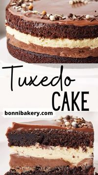 Dive into this Decadent Tuxedo Cake! Layers of rich chocolate cake, silky white chocolate mousse, and dark chocolate ganache make this a showstopper for any special occasion. Treat yourself to this indulgent triple chocolate masterpiece. #TuxedoCake #TripleChocolate #ChocolateDesserts #DecadentDesserts #delicious