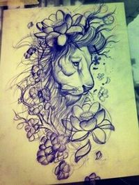 Amazing lion tattoo! Cherry blossom and lotus flower make it more feminin.