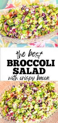 Ready in minutes, this Creamy Broccoli Salad with Crispy Bacon is the perfect side dish for any BBQ, party, or potluck. Made with fresh, crisp broccoli florets, salty and savory bacon, sweet raisins, tart cranberries, nutty sunflower seeds, and a deliciously sweet and savory homemade mayonnaise-based dressing, this salad is a true crowd-pleaser. It's easy to see why this is our favorite broccoli salad recipe. #summersalads #summersaladrecipes #saladrecipes #coleslawrecipe #bbqsidedishes