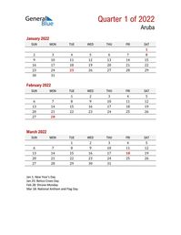 Free quarterly calendar for Aruba with holidays. Holiday calendars in PDF, Word, and Excel are printable and easy to customize.